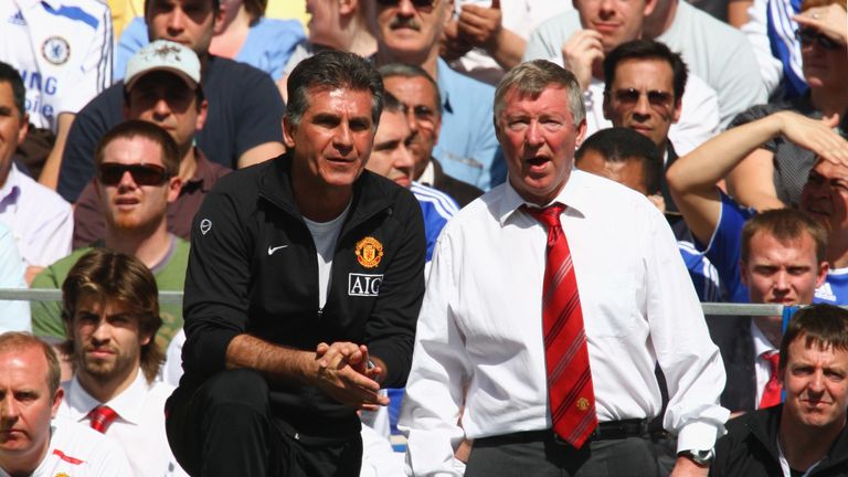 Sir Alex Ferguson manager of Manchester United and assistant Carlos Queiroz look on during the Barclays Premier League match between Chelsea and Manchester United at Stamford Bridge on April 26, 2008 in London, England.
