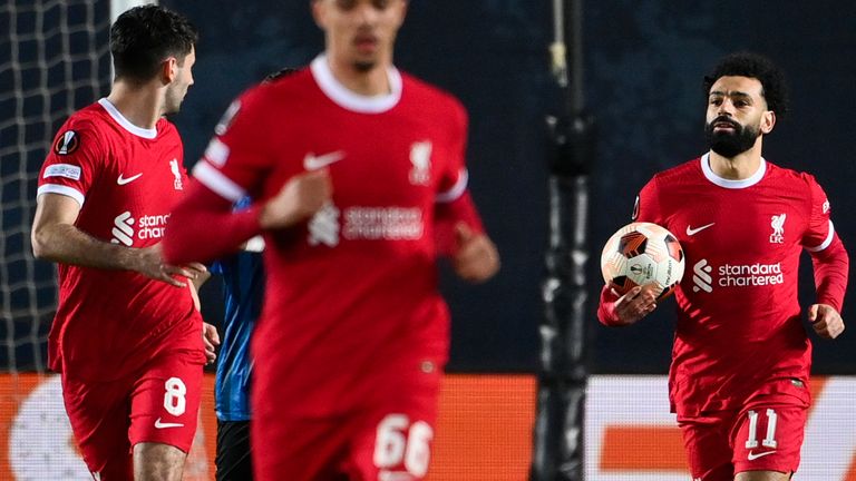 Mohamed Salah of Liverpool FC celebrates a goal during the UEFA Europa League 2023/24 Quarter-Final second leg match between Atalanta and Liverpool FC at Stadio Atleti Azzurri d'Italia on April 18, 2024 in Bergamo, Italy.(Photo by Stefano Guidi/Getty Images)